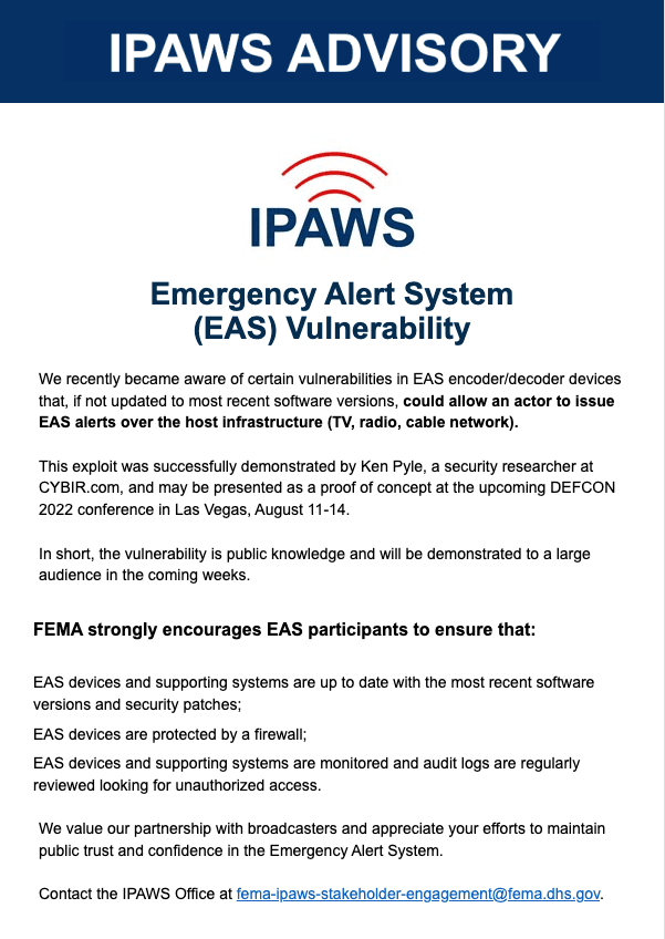 Emergency Alert System Woes: Comments to FCC on Insecure EAS