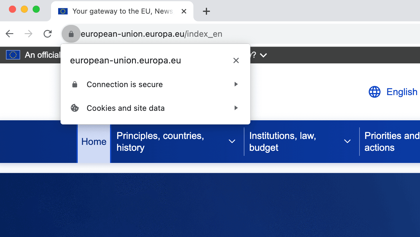 European Union website showing HTTPS padlock