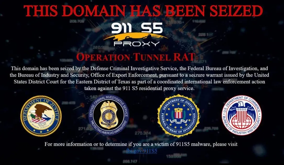 The splash page for the takedown of the 911 S5 botnet.