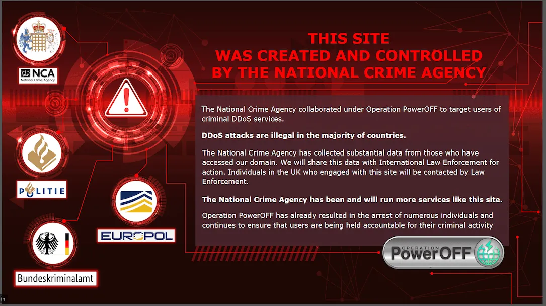 Splash page for National Crime Agency's anti-DDoS operation
