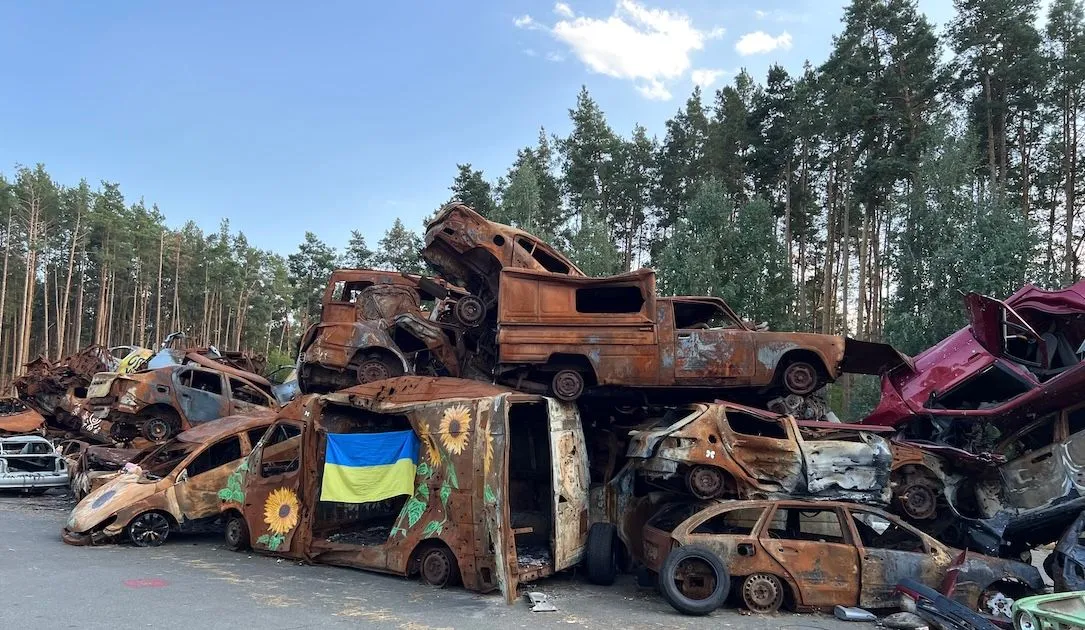 Burned out cars piled up as a memorial, Irpin, Ukraine