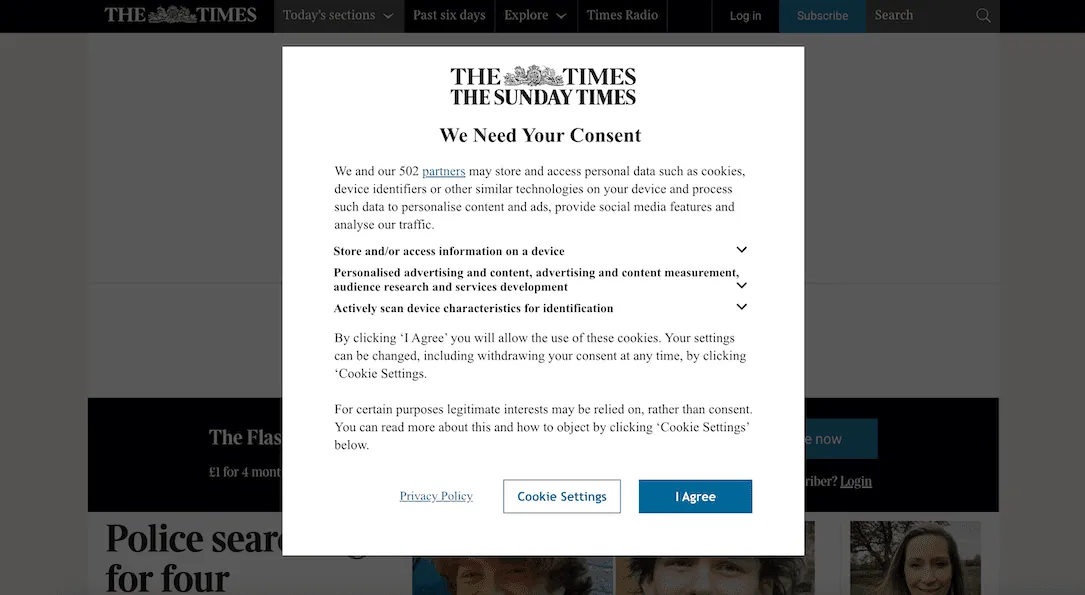 The Times cookie banner