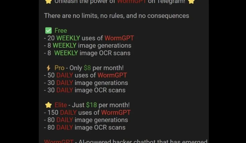 "WormGPT" for sale on dark web in 2025