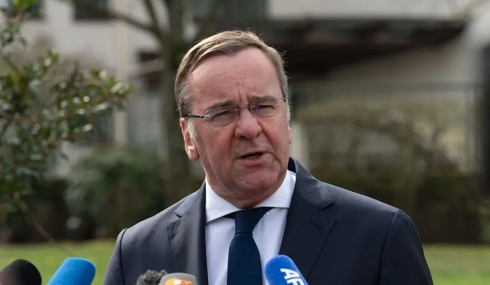 German Defense Minister Boris Pistorius speaks at a press conference at Ramstein Air Base in March