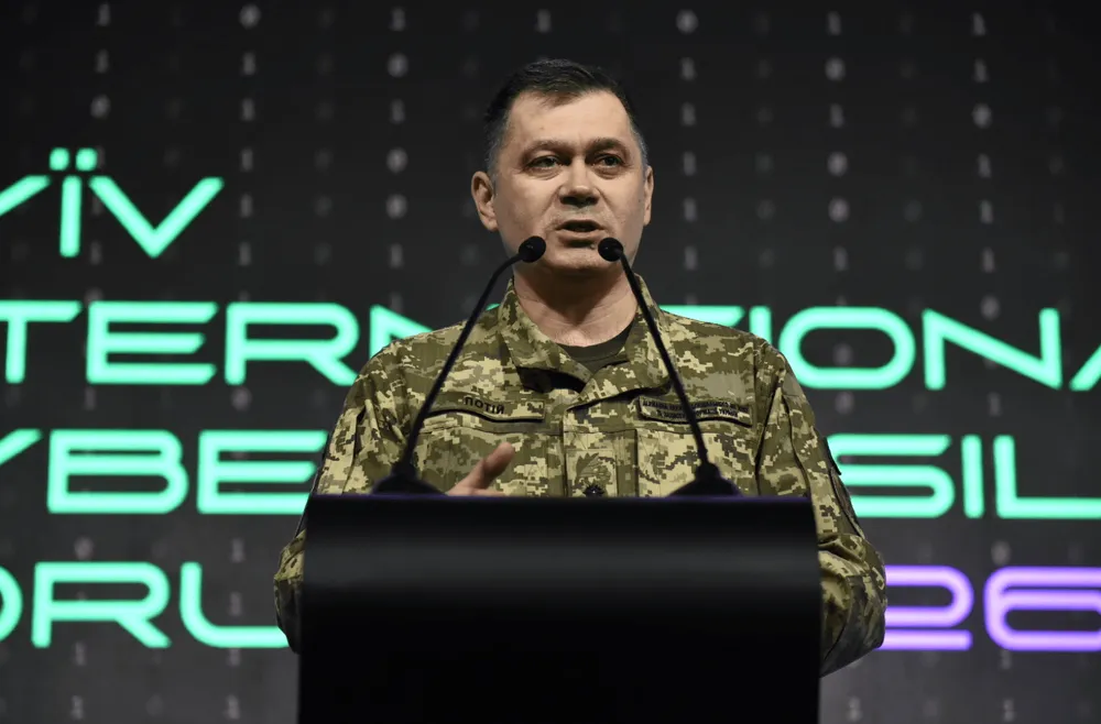Oleksandr Potii, head of Ukraine’s State Service of Special Communications and Information Protection speaks at the Kyiv International Cyber Resilience Forum on February 19, 2026. Credit: Cyber Resilience Forum.