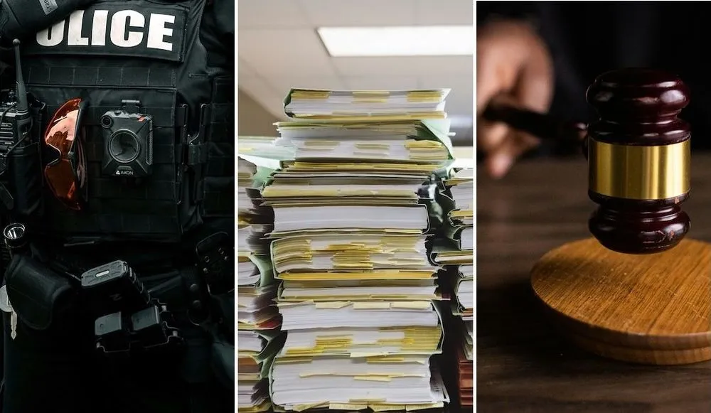 Police body camera, stack of documents, courtroom gavel