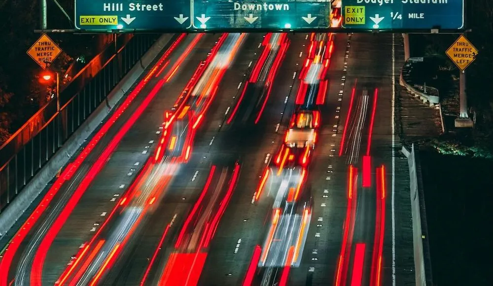 A Los Angeles, California, freeway at night.