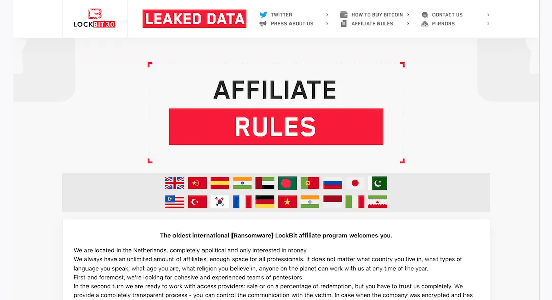 Screenshot of the "Affiliate Rules" page on the LockBit site.