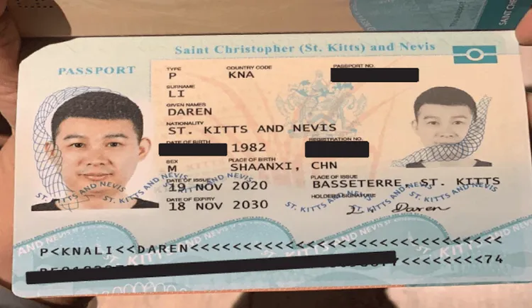 A passport belonging to Daren Li, a dual China and St. Kitts and Nevis citizen, who is accused of laundering $73 million stolen in pig butchering scams. Source: Department of Justice
