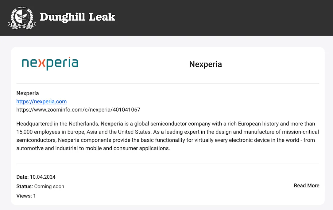 Nexperia listing on Dunghill Leak ransomware site