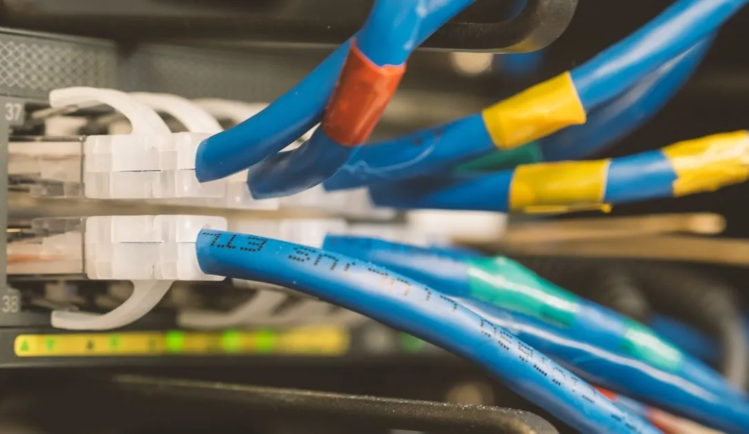 red and blue, and blue and yellow ethernet cables