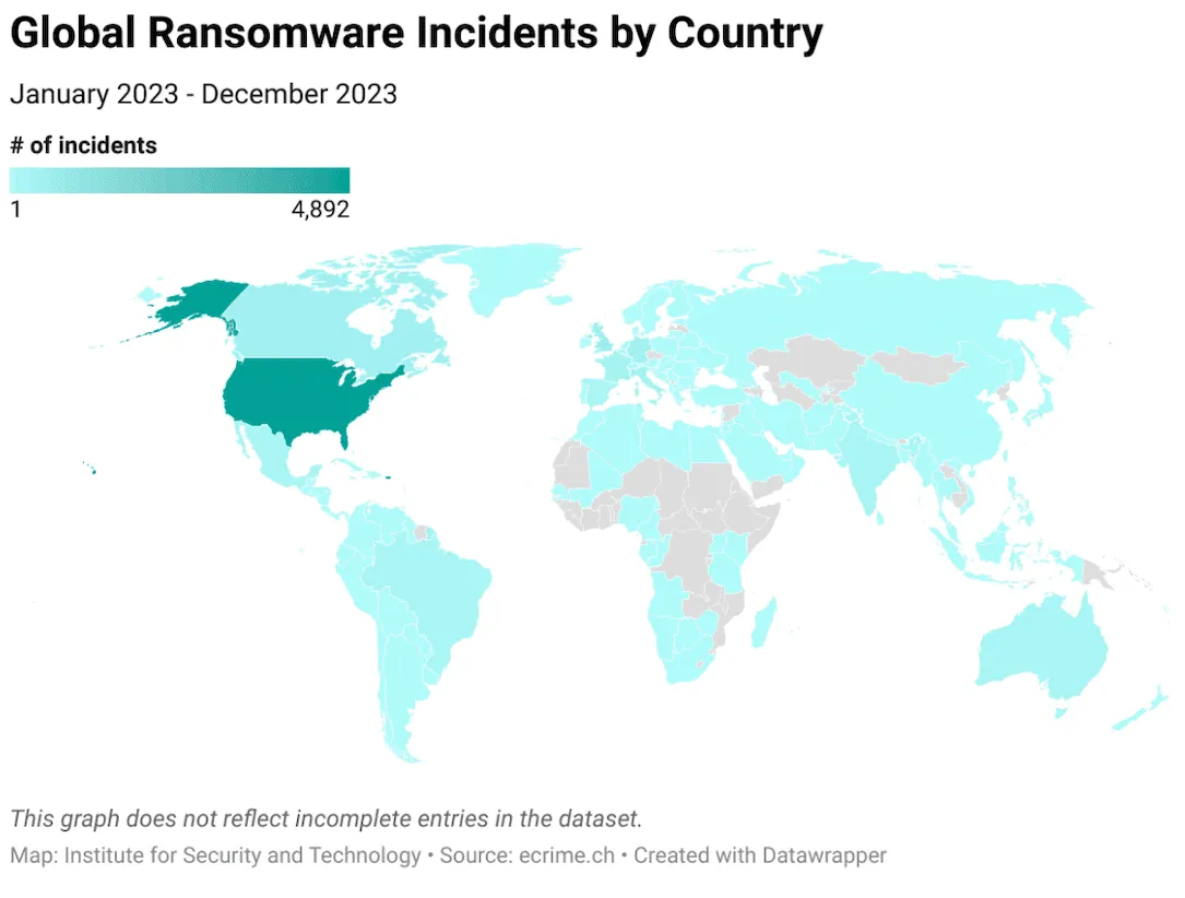 Global ransomware incidents by country