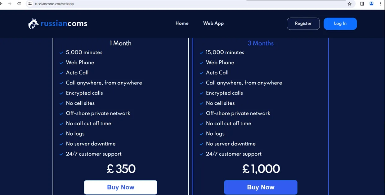 Screenshot of pricing plans for the illegal Russian Coms caller ID spoofing service. Image: NCA