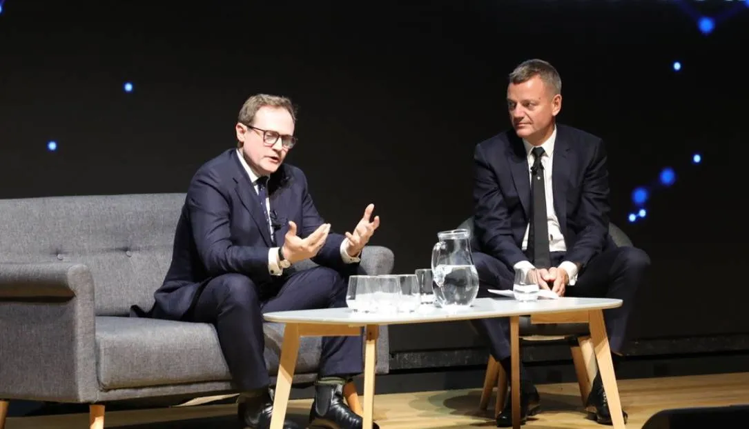 Tom Tugendhat (left) being interviewed Tuesday by Recorded Future CEO Christopher Ahlberg.