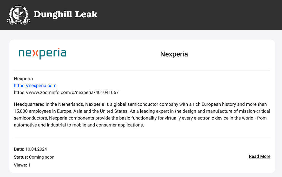 Nexperia listing on Dunghill Leak ransomware site
