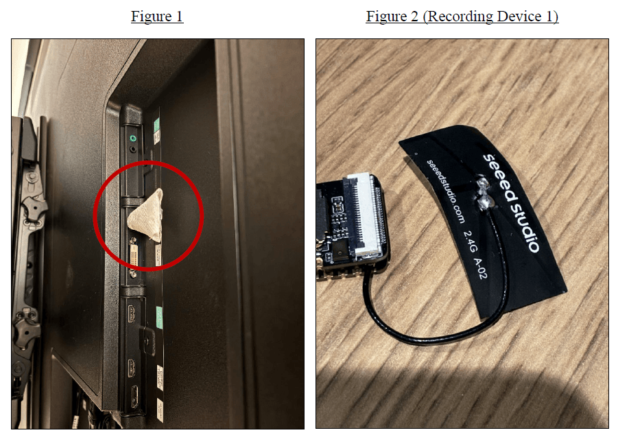 Surreptitious recording device placement (left) and close-up (right). Image: U.S. Department of Justice