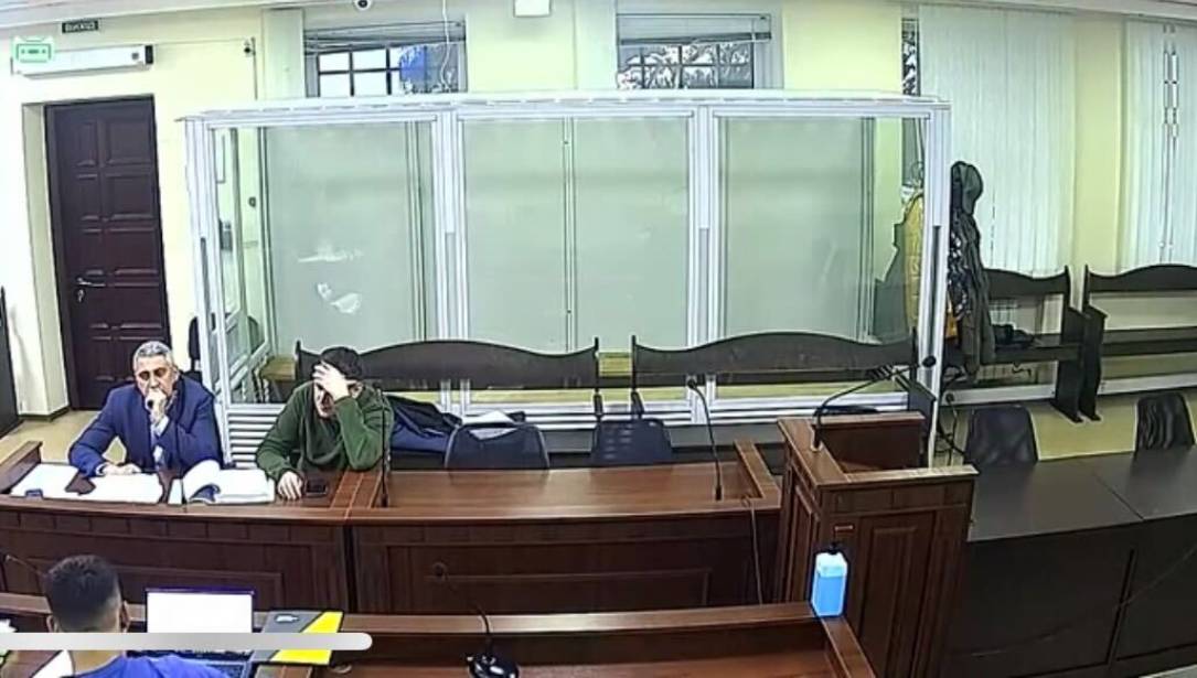 An image from a pretrial court hearing for Yurii Shchyhol's case in Kyiv on November 22, 2023.
